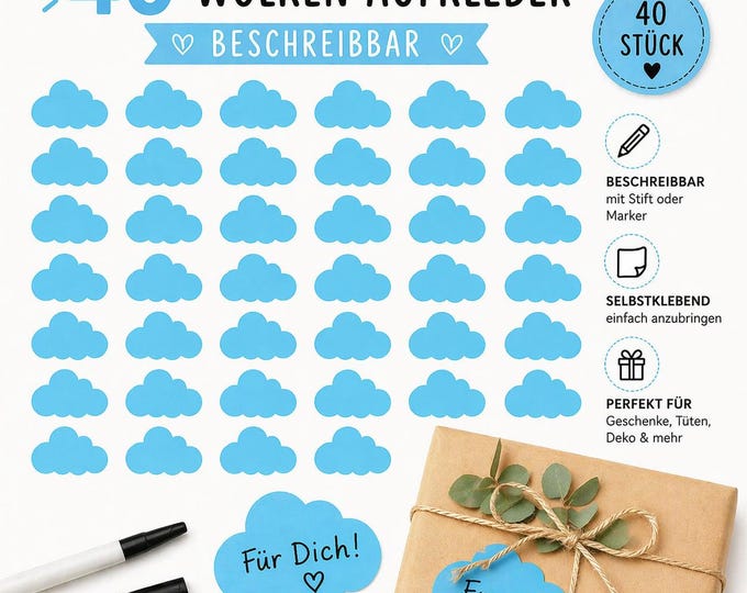 Wolken Aufkleber beschreibbar – Blaue Sticker für Geschenke & Baby Shower – Namensetiketten Kinder – Party Deko – Papier Sticker