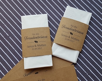 20 Banderole Freudentränen personalisiert Kraftpapier Taschentücher Taufe Hochzeit Kommunion Konfirmation