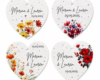 Personalisierte Samenpapier Herzen | Gastgeschenk Hochzeit | Papier mit Blumensamen | Nachhaltiger Anhänger | Seed Paper Herz | 6 cm