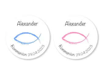 Personalized stickers fish motif – Communion, Confirmation, Baptism – Round labels 4-8 cm – Stickers with desired text