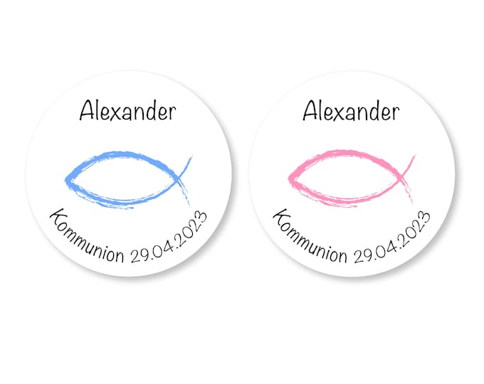Personalized stickers fish motif – Communion, Confirmation, Baptism – Round labels 4-8 cm – Stickers with desired text