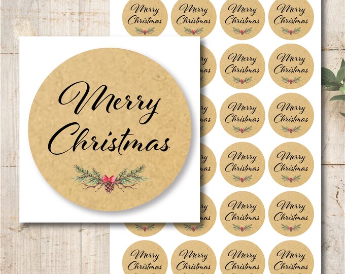 24 stickers kraft paper labels Merry Christmas