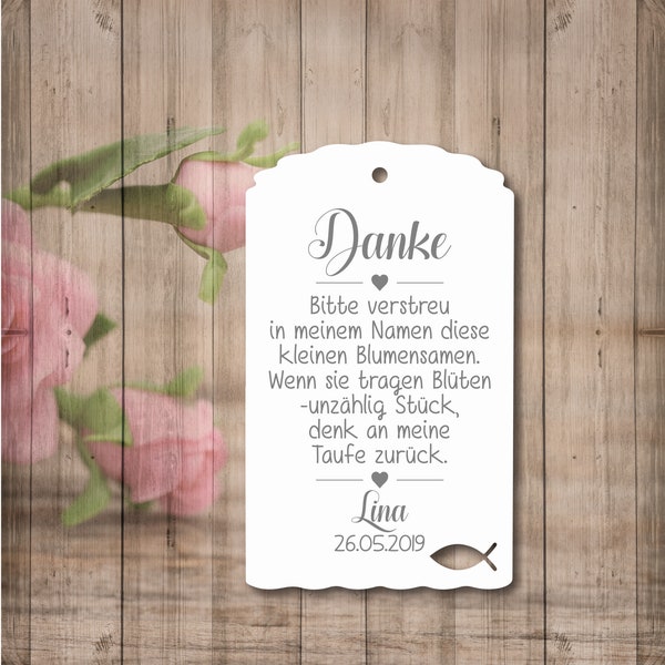 25 Gift Tags Thank You Personalized Flower Seeds Baptism Wedding Communion Confirmation School Enrollment Guest Gifts