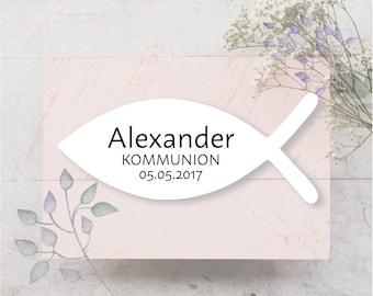 24 Aufkleber Etiketten Fisch Sticker Gold Silber Farbauswahl Personalisiert Taufe Kommunion Konfirmation Hochzeit