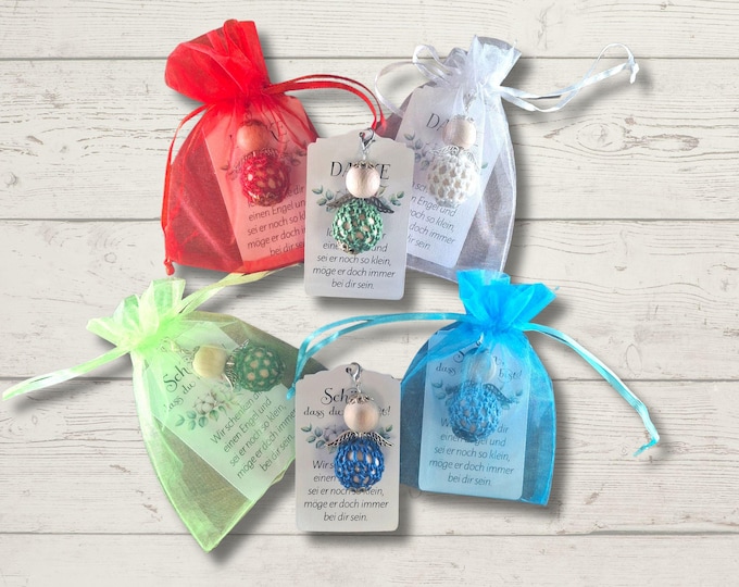Gehäkelter Schutzengel Schlüsselanhänger personalisiert – Gastgeschenk Taufe Hochzeit – Dankeschön Geschenk – Organza Säckchen – Handmade