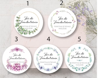 Florale Aufkleber “Für die Freudentränen” – 5 Designs – personalisiert – 3 Größen (5/6/8 cm) – perfekt für Hochzeit & Taschentücher