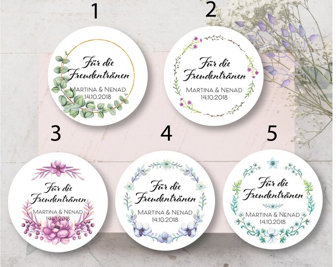 Florale Aufkleber “Für die Freudentränen” – 5 Designs – personalisiert – 3 Größen (5/6/8 cm) – perfekt für Hochzeit & Taschentücher