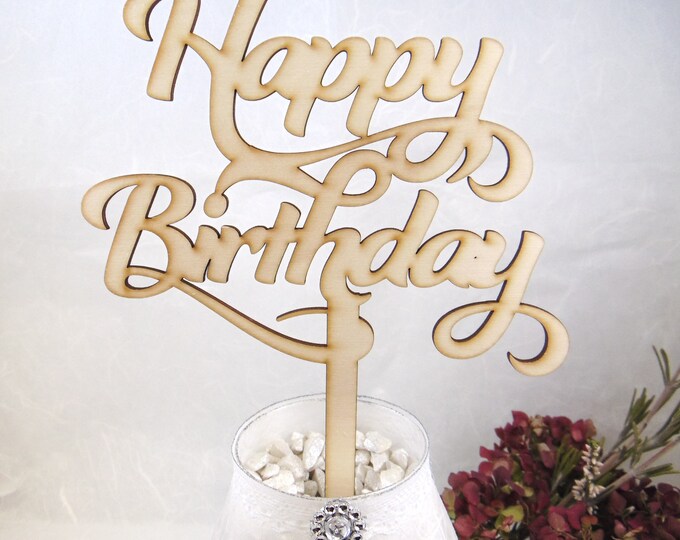Cake plug, cake topper, cake plug with name made of wood, nature laser cut Happy Birthday