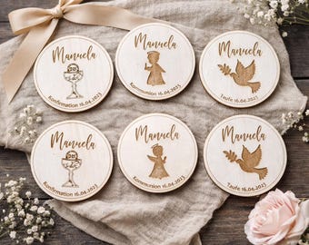 Personalisierter Holzmagnet 8 cm – Taufe, Kommunion & Konfirmation – Graviert – Engel, Kelch oder Taube – Handmade Geschenk