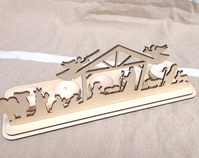 Nativity scene with tealight holder, made of wood, Christmas decoration