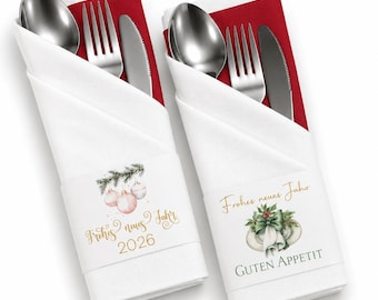 Personalisierte Serviettenbanderolen Weihnachten & Silvester, transparent, selbstklebend, 4 Motive, 21 × 6 cm