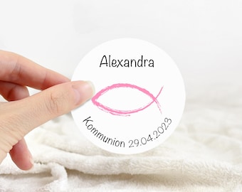 Personalized stickers fish motif – Communion, Confirmation, Baptism – Round labels 4-8 cm – Stickers with desired text