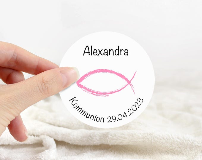 Personalized stickers fish motif – Communion, Confirmation, Baptism – Round labels 4-8 cm – Stickers with desired text