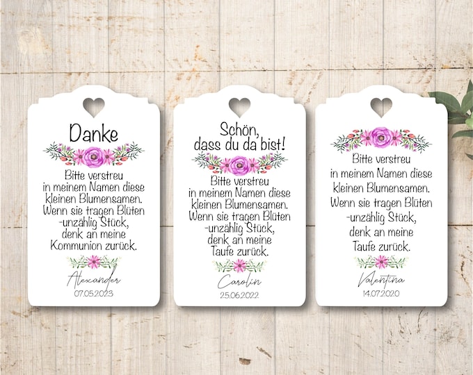 25 Personalized Flower Seed Gift Tags – Thank You Tags – Baptism School Communion Confirmation – 5 cm Favor Labels
