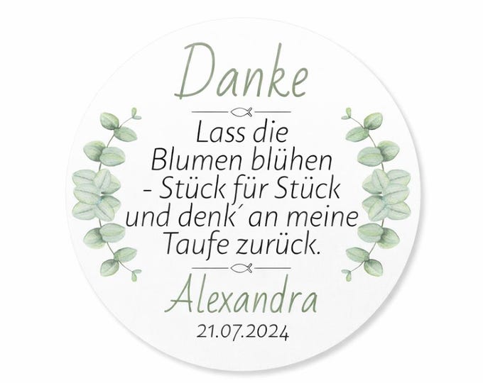 Blumensamen Aufkleber – Eukalyptus Motiv – Lass die Blumen blühen – Personalisiert – Weiß, rund/Wellenrand, 4–8 cm