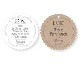 Personalisierte Papier Anhänger Taufe & Kommunion – Dankeschön Geschenkanhänger 5 cm – Rund oder Wellenrand - 25 Stück