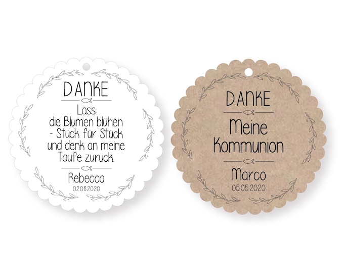 Personalisierte Papier Anhänger Taufe & Kommunion – Dankeschön Geschenkanhänger 5 cm – Rund oder Wellenrand - 25 Stück