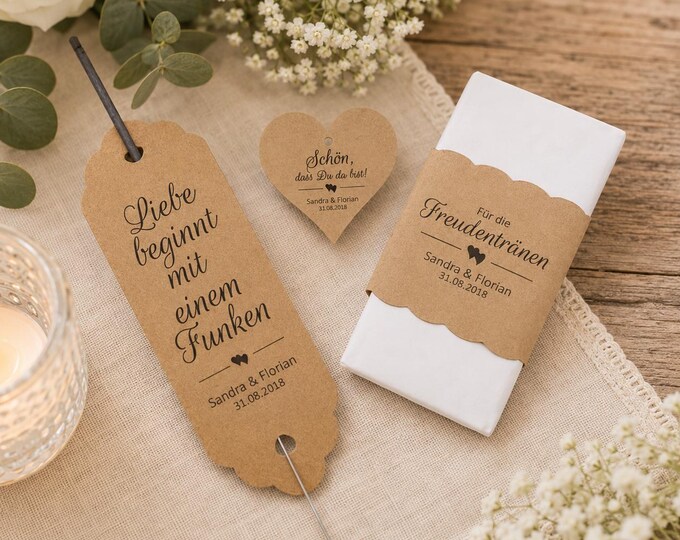 Personalisiertes Hochzeit Set – Freudentränen, Wunderkerzenhalter & Geschenkanhänger – romantische Vintage Hochzeit Deko