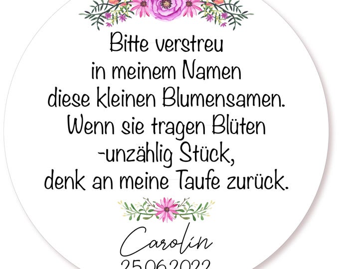 Personalized flower seed stickers, decals, and labels for baptisms, weddings, communions, confirmations, and first days of school.