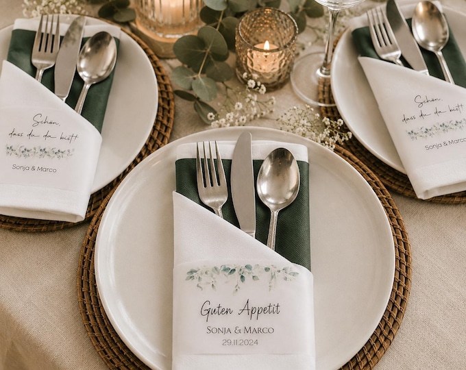 25 transparente personalisierte Serviettenbanderolen Hochzeit | Eukalyptus Tischdeko | Hochzeit Serviettenband | Boho Hochzeit Deko