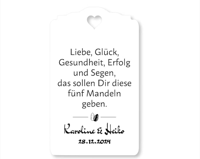 25 Gift Tags with Almond Saying – Personalized – Wedding Baptism Communion Confirmation – Favor Tags 8x5 cm