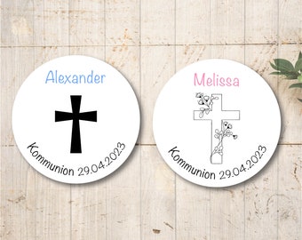24 Personalized Stickers Cross Motif – Baptism, Communion, Confirmation – Round Labels 4 cm – Stickers with desired text