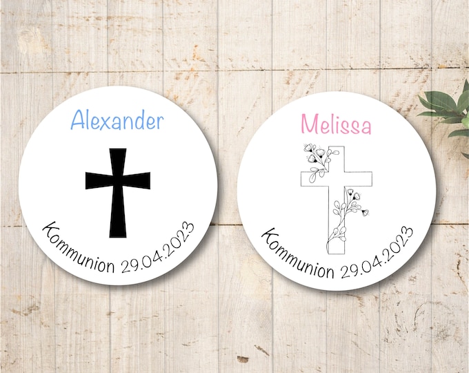 24 Personalized Stickers Cross Motif – Baptism, Communion, Confirmation – Round Labels 4 cm – Stickers with desired text