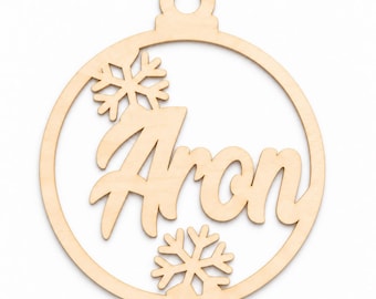 Personalisierte Weihnachtskugel aus Holz mit Wunschnamen, Christbaumschmuck mit Schneeflocken, 10 cm