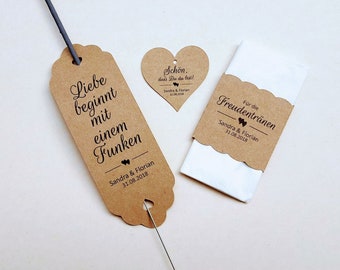 10 Hochzeitsset Wunderkerzen Taschentücher Wedding Set personalisiert Kraftpapier Banderolen Wunderkerzenhalter Gift Tags Gastgeschenke