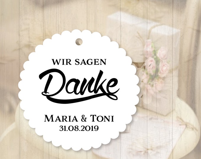 Geschenkanhänger „Wir sagen Danke“ – personalisierte Papieranhänger – Hochzeit, Taufe, Kommunion, Konfirmation, Geburtstag – 3 Formen