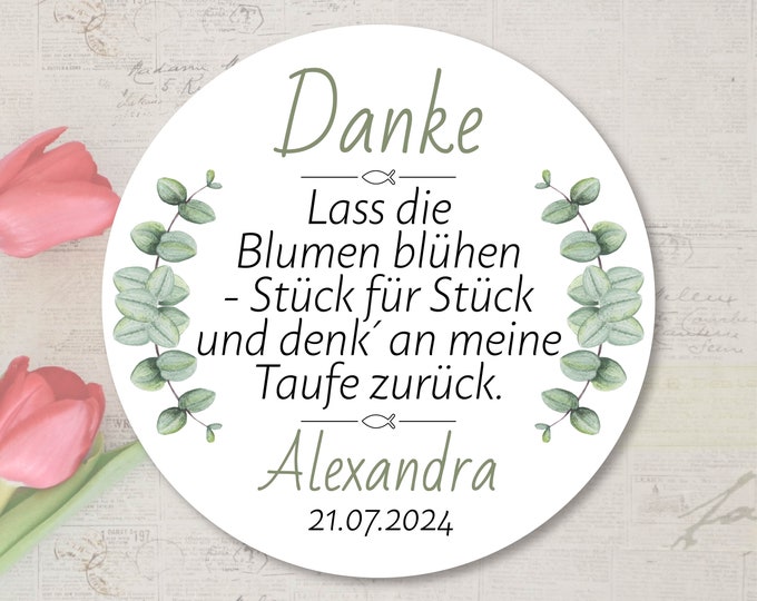 Blumensamen Aufkleber – Eukalyptus Motiv – Lass die Blumen blühen – Personalisiert – Weiß, rund/Wellenrand, 4–8 cm