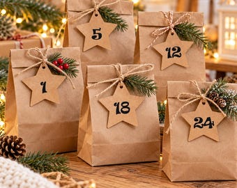 Adventskalender Zahlen 1–24 – 24 Papiersterne, 26 Farben, mit/ohne Loch