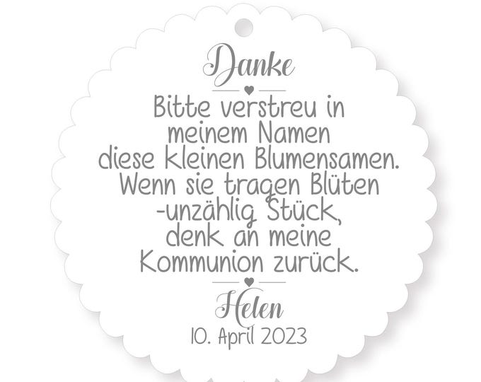 25 Gift Tags, Labels for Baptism, First Day of School, Communion, Confirmation, Flower Seeds, Personalized, Thank You