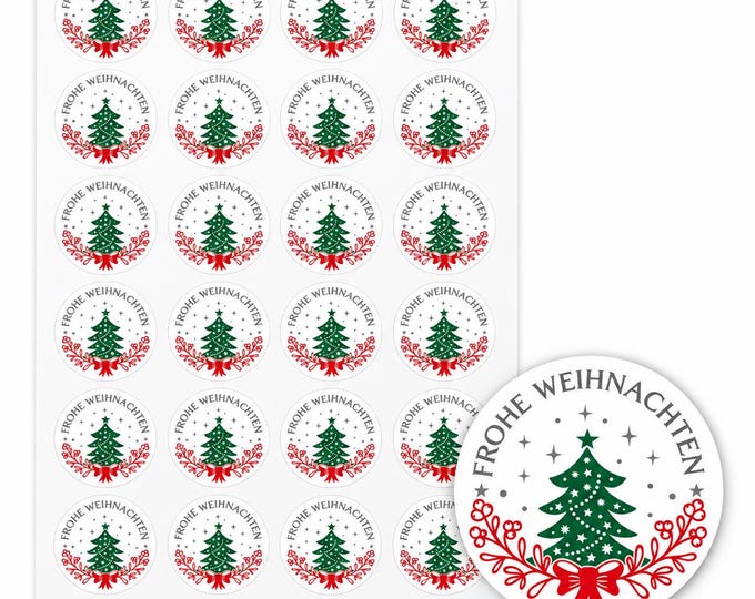 Weihnachtsaufkleber Tannenbaum, runde Geschenkaufkleber „Frohe Weihnachten“, matt, 4–8 cm