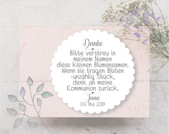 24 Sticker Aufkleber Etiketten Taufe Hochzeit Kommunion Konfirmation Einschulung Blumensamen Personalisiert Danke