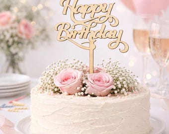 Cake topper with name, made of wood, natural, laser cut, Happy Birthday
