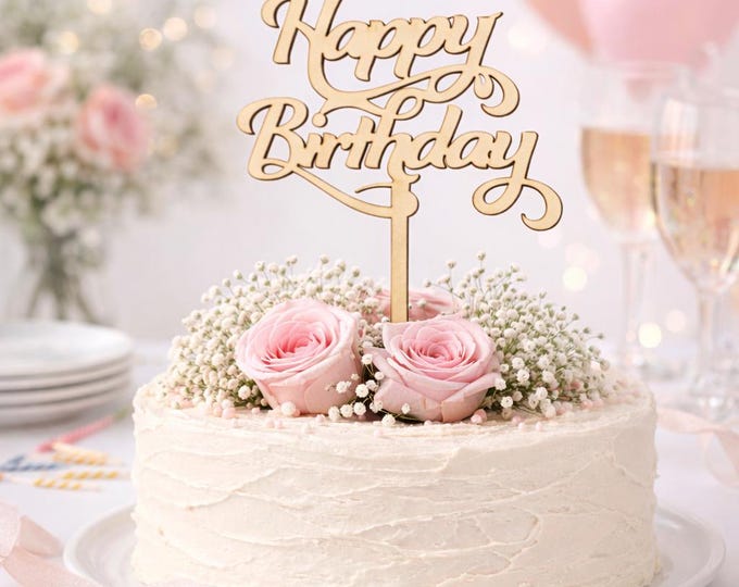 Cake topper with name, made of wood, natural, laser cut, Happy Birthday