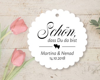 Geschenkanhänger „Schön, dass Du da bist“ – personalisierte Papieranhänger – Hochzeit, Taufe, Kommunion, Konfirmation, Geburtstag – 3 Formen