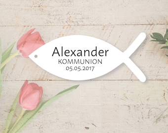 25 Geschenkanhänger Fisch Kommunion Taufe Konfirmation Geburt – personalisierte Etiketten – Handgemacht – Farbwahl – Wunschtext