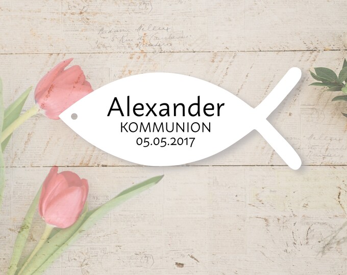 25 Geschenkanhänger Fisch Kommunion Taufe Konfirmation Geburt – personalisierte Etiketten – Handgemacht – Farbwahl – Wunschtext