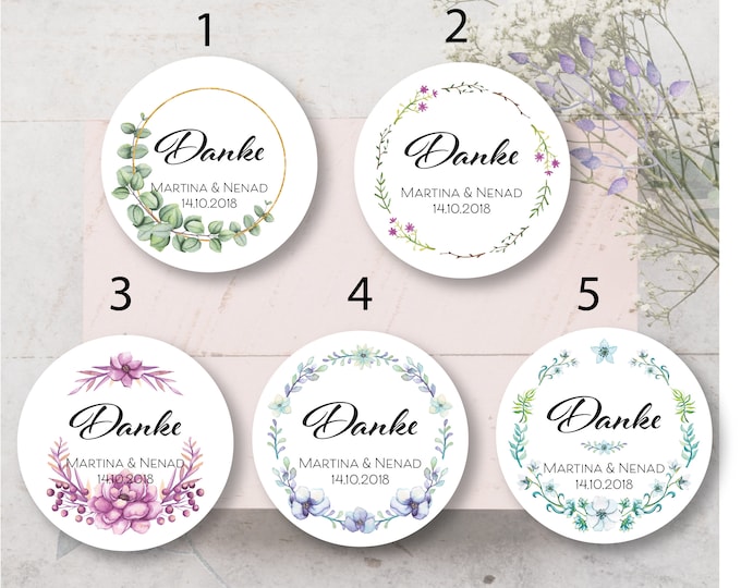 Florale Aufkleber “Danke” – 5 Designs – personalisiert – 3 Größen (5/6/8 cm) – perfekt für Hochzeit, Taufe, Kommunion & Gastgeschenke