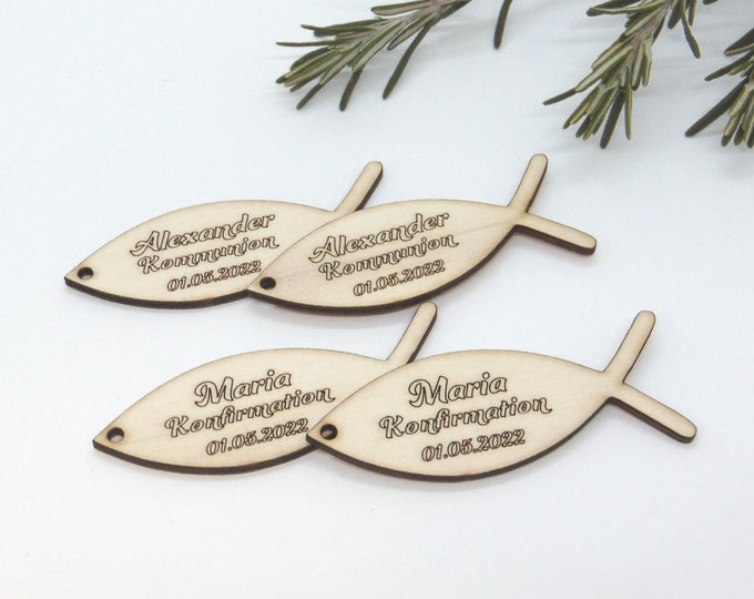 Wooden Fish Personalized with Name Laser Cut Wooden Pendant Communion Confirmation Baptism