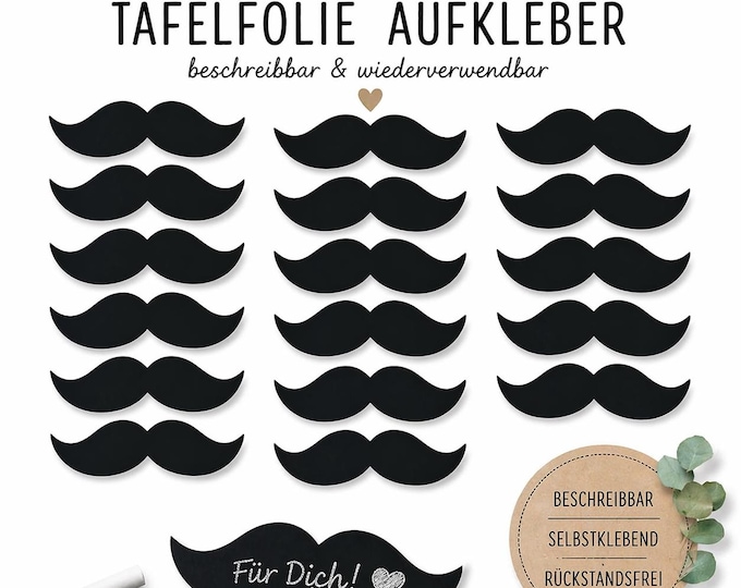 Mustache Aufkleber Schwarz – Tafelfolie Sticker beschreibbar – Party Deko Männer Geschenk – Bar Labels DIY – selbstklebend wiederverwendbar