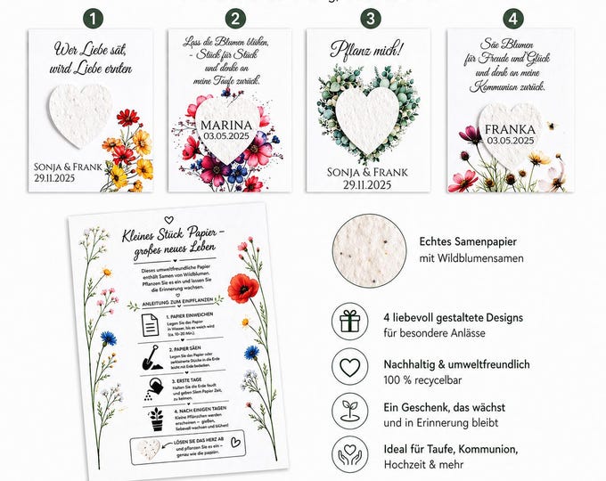 Personalisierte Blütenkarte mit Samenpapier Herz | Gastgeschenk Taufe Kommunion Hochzeit | Wildblumenkarte
