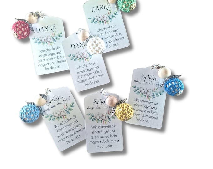 Gehäkelter Schutzengel Schlüsselanhänger personalisiert – Gastgeschenk Taufe Hochzeit – Dankeschön Geschenk – Organza Säckchen – Handmade