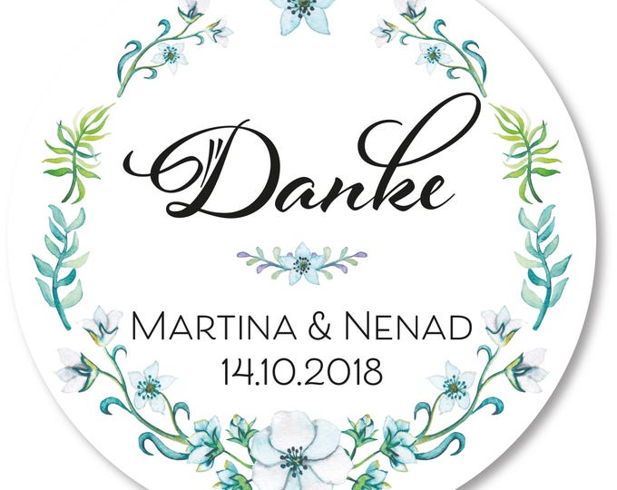 Florale Aufkleber “Danke” – 5 Designs – personalisiert – 3 Größen (5/6/8 cm) – perfekt für Hochzeit, Taufe, Kommunion & Gastgeschenke