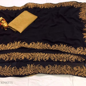 Beautiful Ethnic Indian Fancy Embroidery Saree/Sari Banglori Silk Thread Embroidery work Synthetic Georgette Stitched Blouse Size 38 42