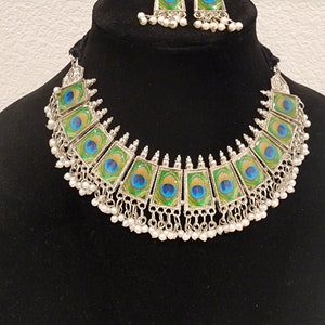 Oxidized Peacock Jewelry Set with Pearls