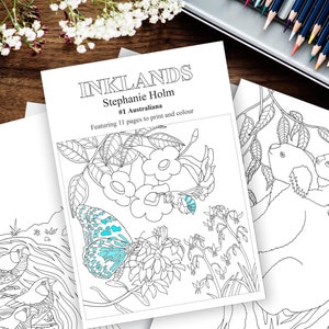 May include: A coloring book featuring Australian wildlife, including a koala, a butterfly, and birds. The cover features the title "INKLANDS" and the text "Stephanie Holm #1 Australiana Featuring 11 pages to print and colour."