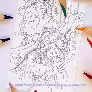 Puede incluir: Un dibujo en blanco y negro de una pitón alfombra enroscada alrededor de una rama de árbol. La serpiente está rodeada de enredaderas y hojas. La imagen se titula "Carpet Python Printable Colouring Page by Stephanie Holm".